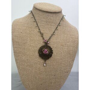 Vintage Rose Choker Necklace With Pink Flower Accents & Adjustable Chain